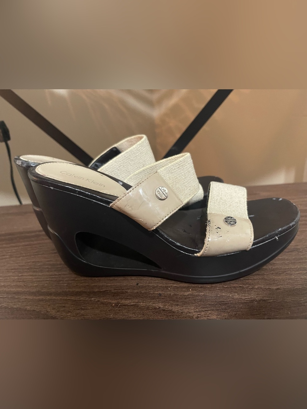 Calvin Klein Cream and Black Cutout Wedge Sandals